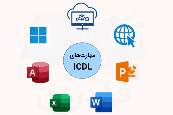 تصویری که مهارتهای ICDL را نشان میدهد و در مرکز، عبارت ICDL و در اطراف، لوگوی مهارتهای مختلف آورده شده است.