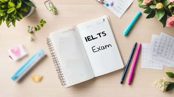 تصویر دفترچه‌ای که داخل آن نوشته شده IELTS Exam