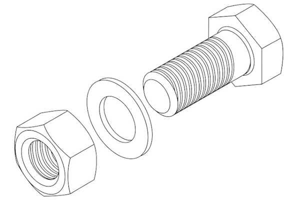 نمای ایزومتریک پیچ، واشر و مهره