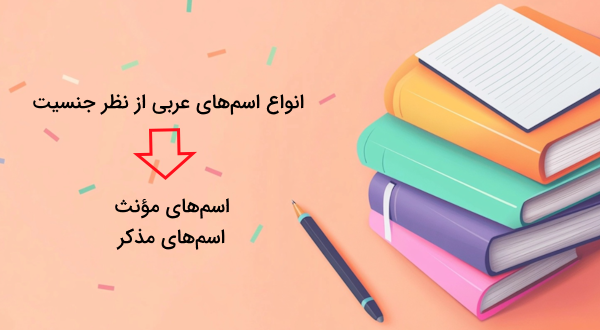 چند کتاب و دفتر و یک خودکار در کنار هم قرار دارند - مونث و مذکر در عربی