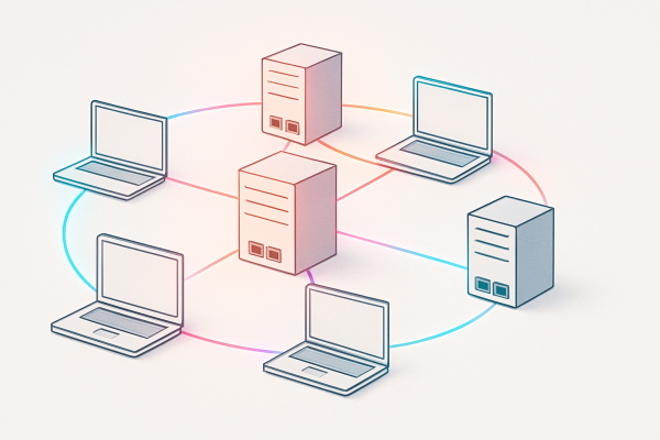 چهار لپتاپ که به وسیله سه سرور مجزا به همدیگر متصل شده‌اند.