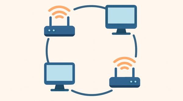 دو کامپیوتر مختلف که با کمک دو واسطه جدا از هم به یکدیگر متصل شده‌اند. - شبکه رایانه ای
