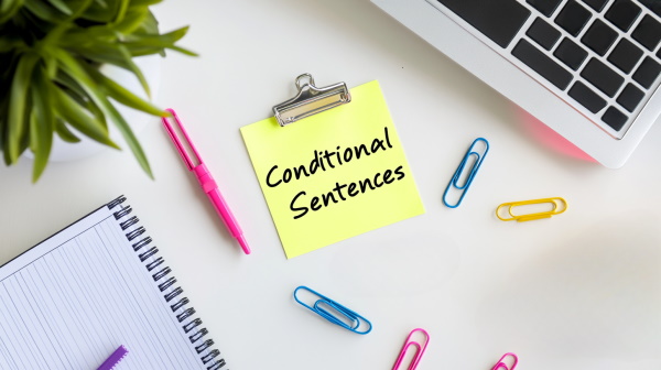 تصویر کاغذ یادداشت زردی که روی آن «Conditional Sentences» نوشته شده است.