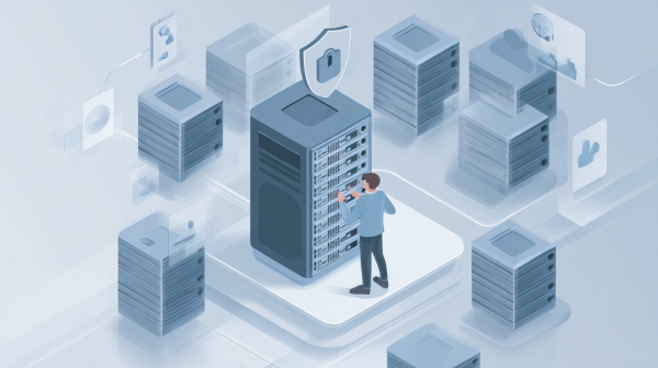 مهندسی در حال کار با دادهها در سرور پایگاه داده است. در بالای سرور نماد سپر و یک قفل بر روی آن قرار دارد.