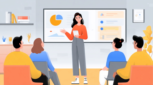 دختر خانومی در حال ارائه مطلب با کمک پاور پوینت