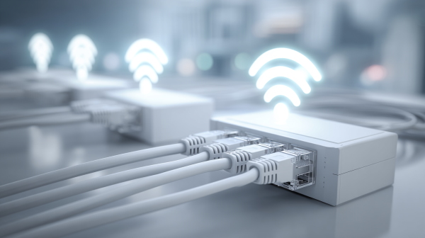 کابل‌های اترنت که کامپیوترها را در شبکه سیمی متصل می‌کنند همراه با نماد وای فای