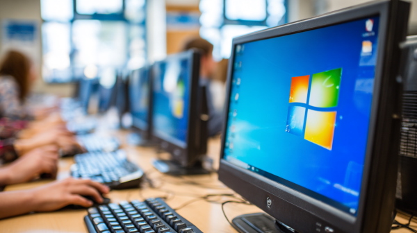 کامپیوتر در کلاس با نمایش دسکتاپ ویندوز - مدرک ICDL چیست