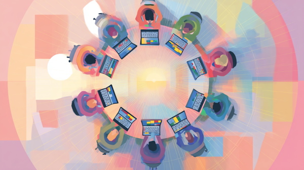 عدهای مهندس برای همکاری آنلاین به دور یکدیگر جمعشدهاند. - مدرک ICDL چیست