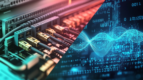 کابل‌های شبکه رایانه ای در کنار تصویر موجی از انتقال داده‌ها 