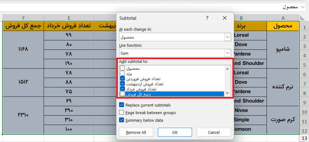 بخش‌های مختلف برای دسته‌بندی-subtotal