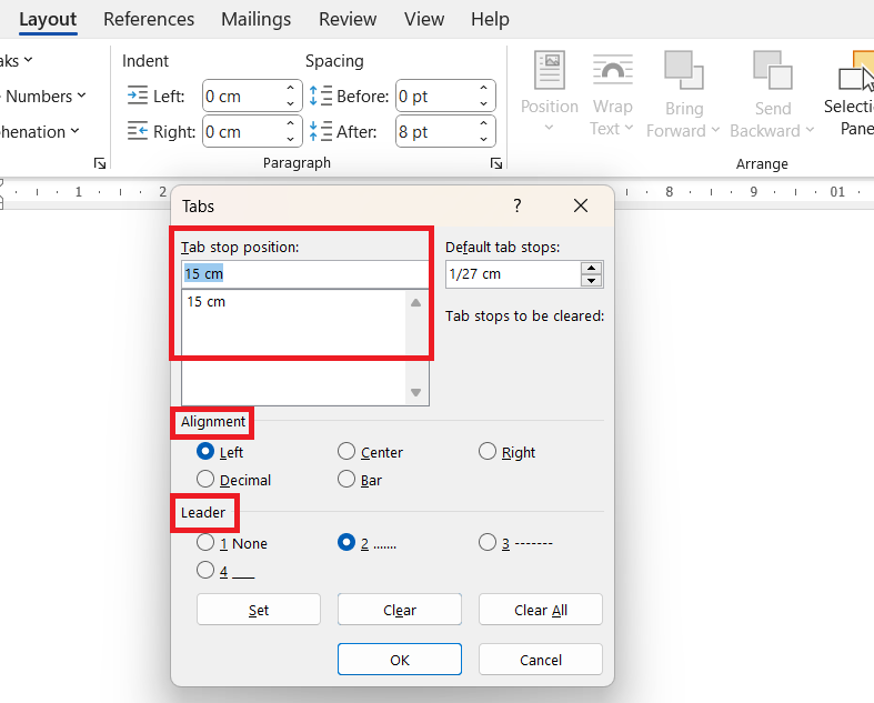 بخش‌های مختلف دکمه tabs- حط چین در ورد