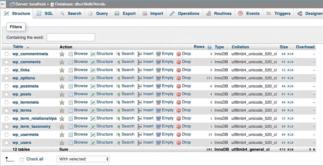 مشاهده جداول موجود در پایگاه داده با phpmyadmin