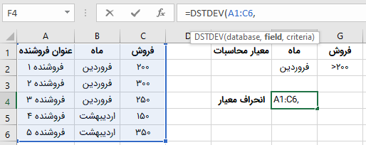 اضافه کردن دیتابیس در تابع DSTDEV در اکسل برای محاسبه انحراف معیار شرطی