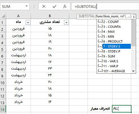 آرگومان های تابع SUBTOTAL در اکسل و انتخاب فانکشن STDEV.S در آن