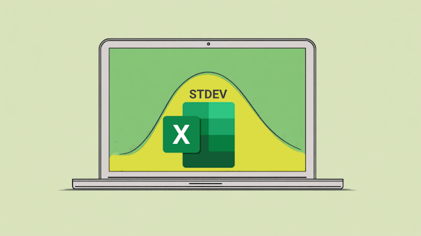 یک لپ تاپ با آیکون اکسل در صفحه و نمودار استاندارد در پس زمینه و عبارت STDEV بالای آیکون