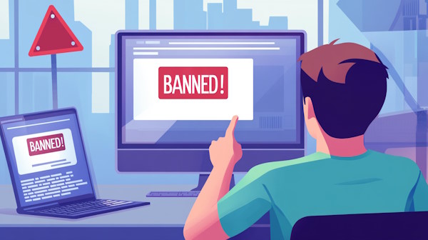 تصویر گرافیکی یک مرد نشسته پشت میز با یک صفحه نمایش و یک لپ تاپ با پیغام BANNED