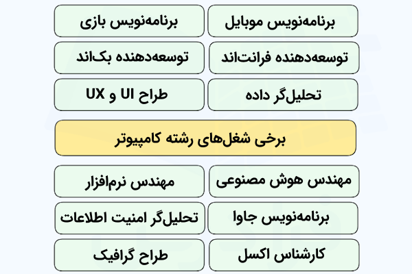 عناوین برخی مشاغل رشته کامپیوتر که در بلوکهایی مستطیلی نشان داده شدهاند.