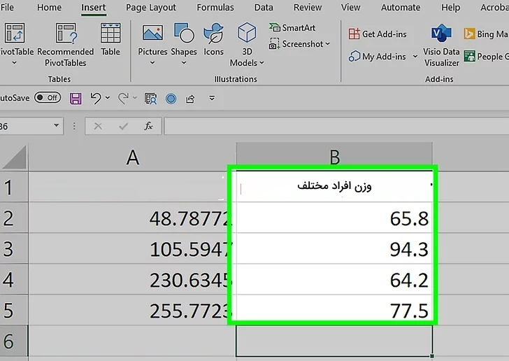 تصویری از ستون داده‌ها در اکسل