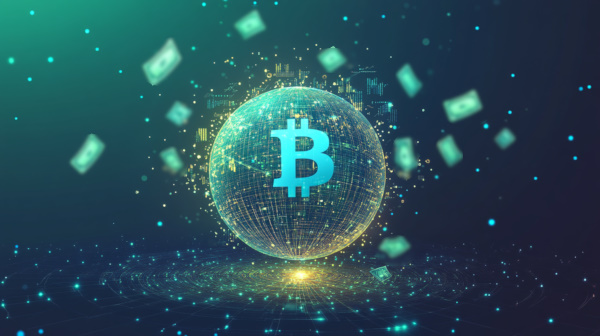 نمایشی مفهومی از بازار فارکس بهصورت کره دیجیتال با تصویر نماد بیت کوین روی آن - فارکس چیست