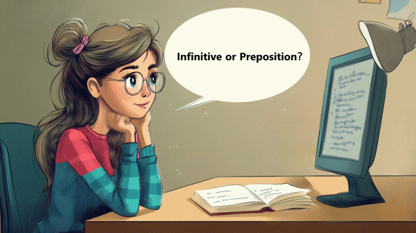 تصویر دختری که به تفاوت حرف اضافه «to» در نقش «Infinitive» و «Preposition» فکر می‌کند.