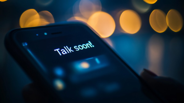 تصویر یک گوشی همراه که روی صفحه نمایش آن پیام «Talk Soon» مشخص است.