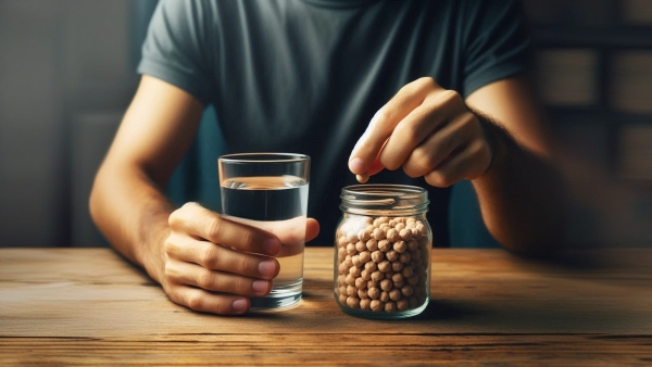 دستان یک فرد در حال انداختن نخود در یک شیشه نخود در کنار یک لیوان آب