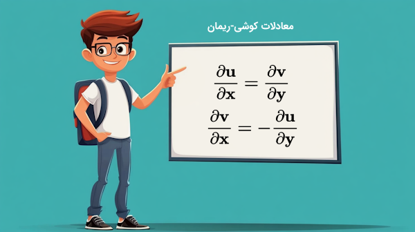 تصویر گرافیکی یک دانشجو ایستاده کنار تخته ای با معادلات کوشی-ریمان - ریاضی مهندسی چیست