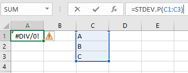 خطای DIV در تابع STDEV.P‌ در اکسل
