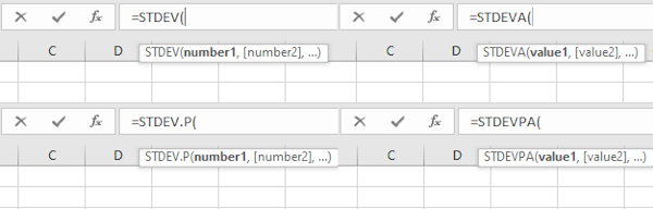 مقایسه تفاوت آرگومان های فرمول STDEV و STDEV.P با STDEVA و STDEVPA