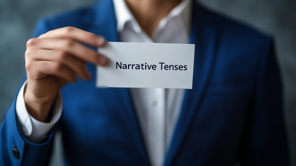 تصویر دست مردی که کاغذی گرفته و روی آن نوشته Narrative Tenses