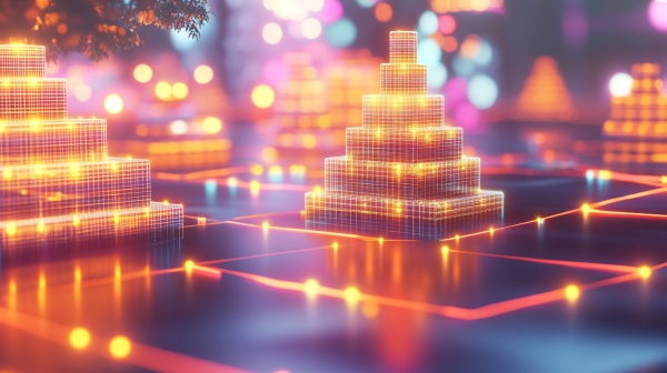 هرمهای نورانی که بر روی زمینی متشکل از خطوط مختلف به یکدیگر متصل شدهاند.