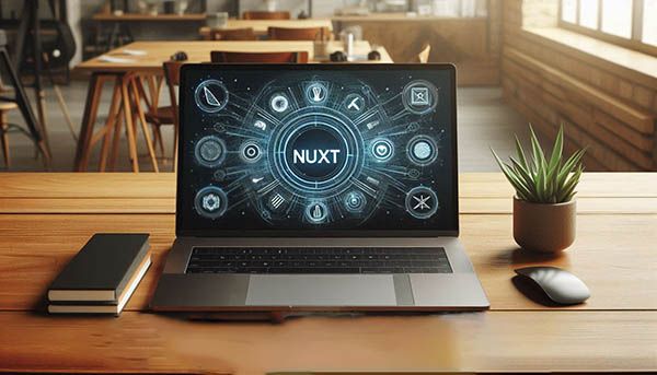 لپ تاپ روی میز چوبی قرار دارد و در مرکز صفحه نمایش آن عبارت Nuxt دیده می شود - Nuxt.js چیست
