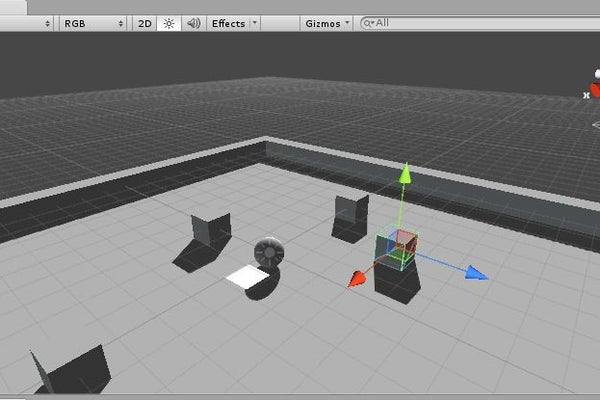 نمایی سه بعدی از زمین بازی یک گوی و چهار مکعب مربع در آن