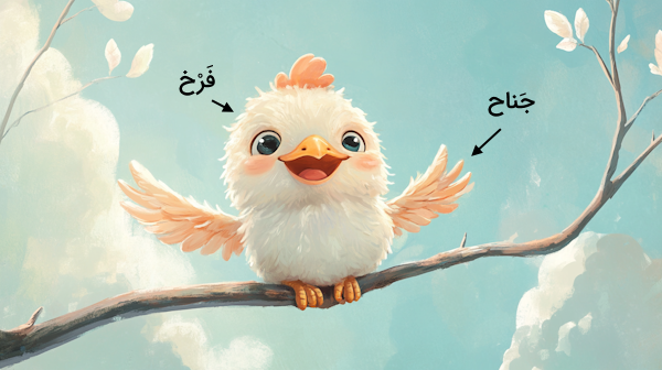 جوجه پرنده ای که با بال های گشوده روی شاخه درخت نشسته است