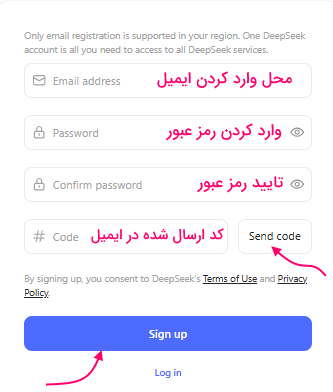 صفحه ثبت نام در دیپ سیک که بخش های آن مشخص شده است
