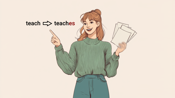تصویر فردی که صرف فعل «teach» در زمان حال ساده را توضیح می‌دهد.