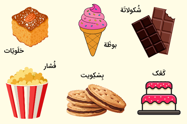 میان وعده ها به عربی - خوراکی ها به عربی