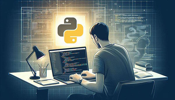 برنامه نویس در اتاق کارش در حال نوشتن کد با فریم ورک جنگو در پایتون است و لوگوی پایتون نیز در بالای سر او دیده میشود - فریم ورک جنگو چیست
