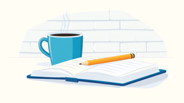 تصویر دفتر باز که روی آن مداد و کنارش ماگ است