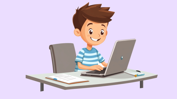 تصویر پسری در حال درس خواندن با لپ‌تاپ