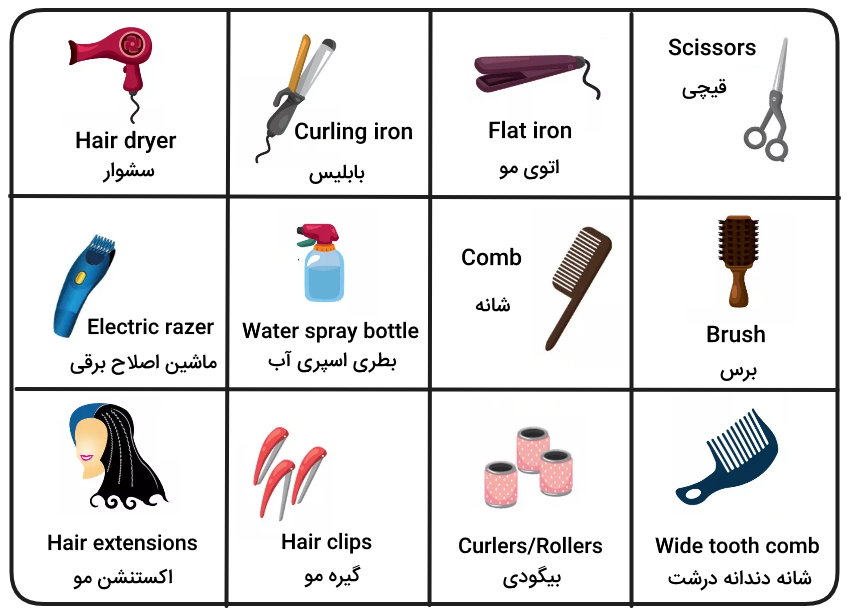 تصویر وسایل آرایشگاه همراه با اسم آن‌ها به انگلیسی و فارسی 