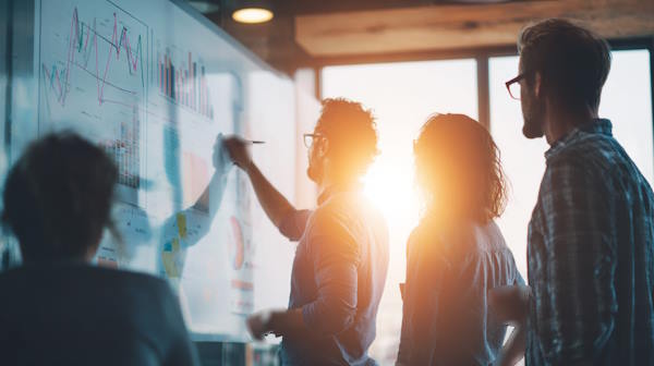 کارشناسان واحد برنامه ریزی و بودجه ریزی در حال بررسی نمودارهای مالی