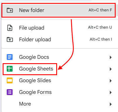 انتخاب گزینه google sheets در محیط درایو - گوگل شیت چیست