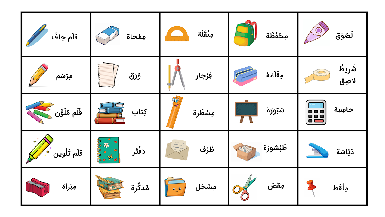 لوازم التحریر به عربی – لیست کامل اسامی + مثال و تمرین