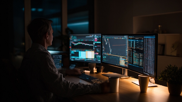 یک تحلیلگر مالی که در شب در دفتر کار مشغول بررسی داده های مالی روی سه مانیتور مختلف است.