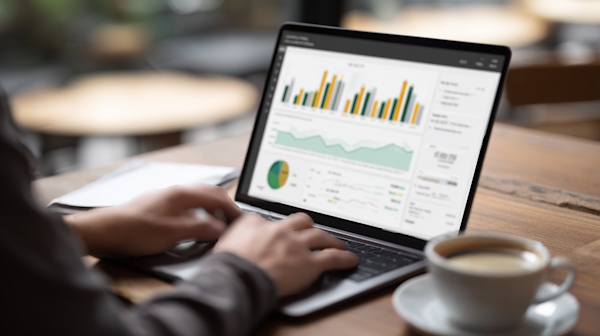 تصویری از یک لپ تاپ که روی نمایشگر آن نمودارها و جدول های داده های مالی وجود دارد و دست یک کارشناس مالی