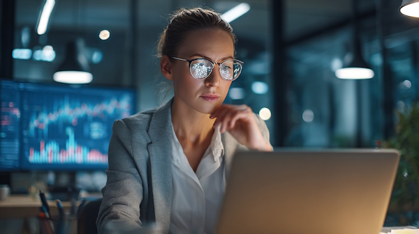 تصویری از یک خانوم به عنوان مدیر بودجه که در حال نگاه کردن به لپ تاپ خود است و در دفتر کاری مدرن نشسته است.