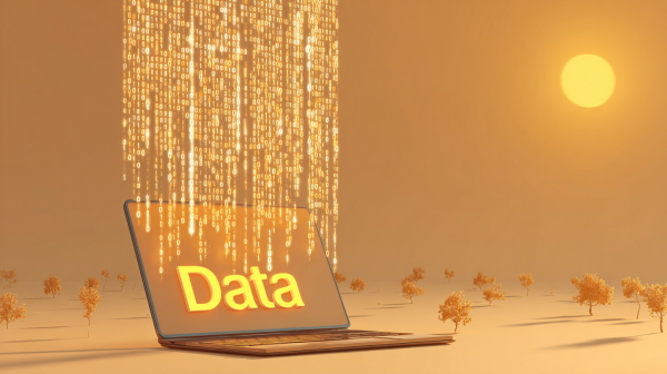 لپتاپ بازی که از آسمان داده‌ها به صورت ۰ و ۱ بر روی آن می‌ریزند.