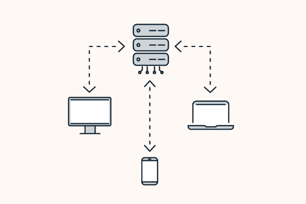 نمایش مدل مدل کلاینت-سرور با ۳ دستگاه و یک سرور