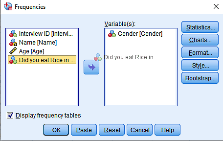 پنجره تنظیم فراوانی‌ ها در SPSS
